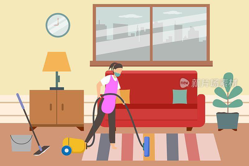 Female servant working with vacuum cleaner at home